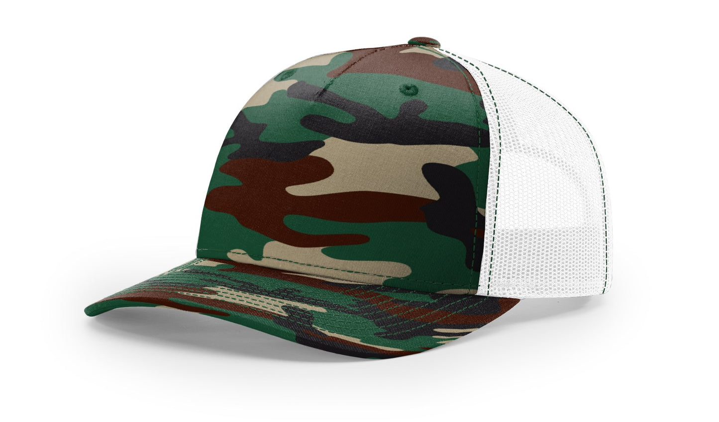 Camo Richardson 112 (5 Panel) Trucker with Custom Leather Patch