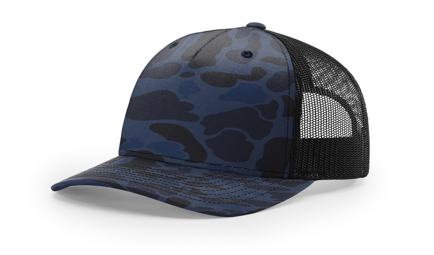 Camo Richardson 112 (5 Panel) Trucker with Custom Leather Patch