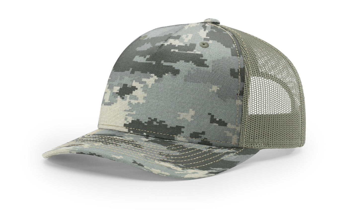 Camo Richardson 112 (5 Panel) Trucker with Custom Leather Patch