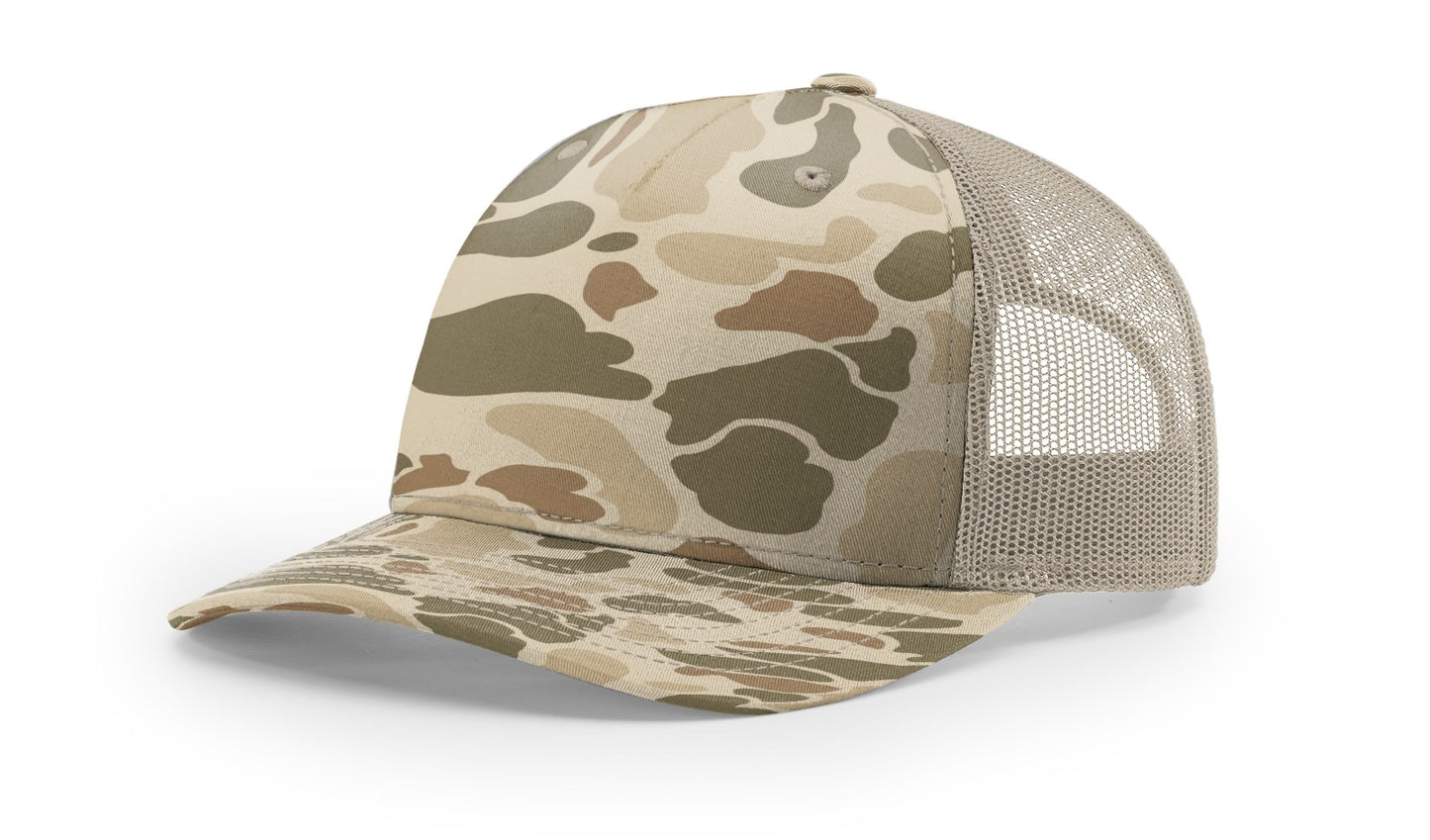 Camo Richardson 112 (5 Panel) Trucker with Custom Leather Patch