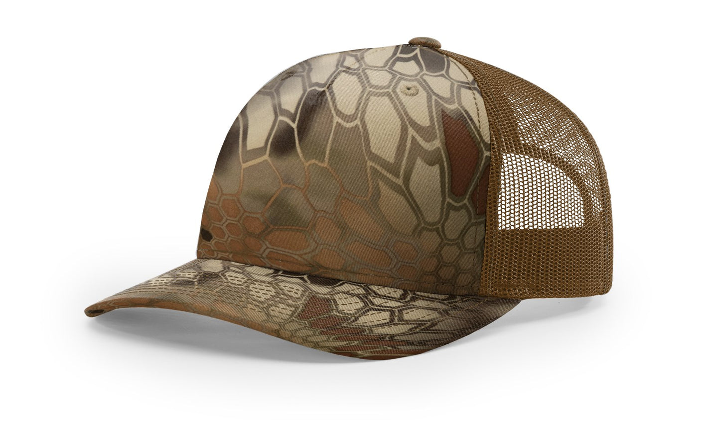 Camo Richardson 112 (5 Panel) Trucker with Custom Leather Patch