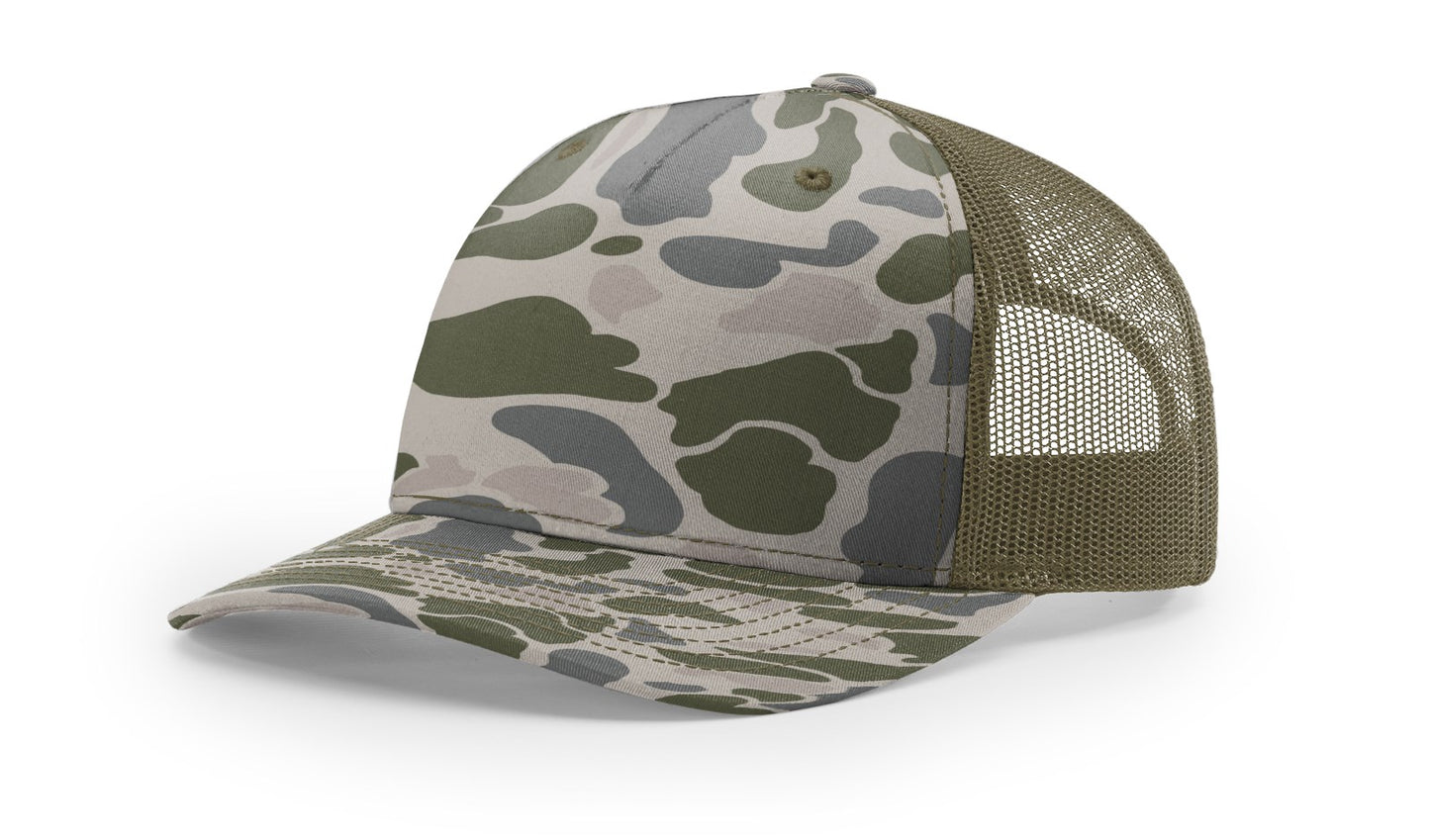 Camo Richardson 112 (5 Panel) Trucker with Custom Leather Patch