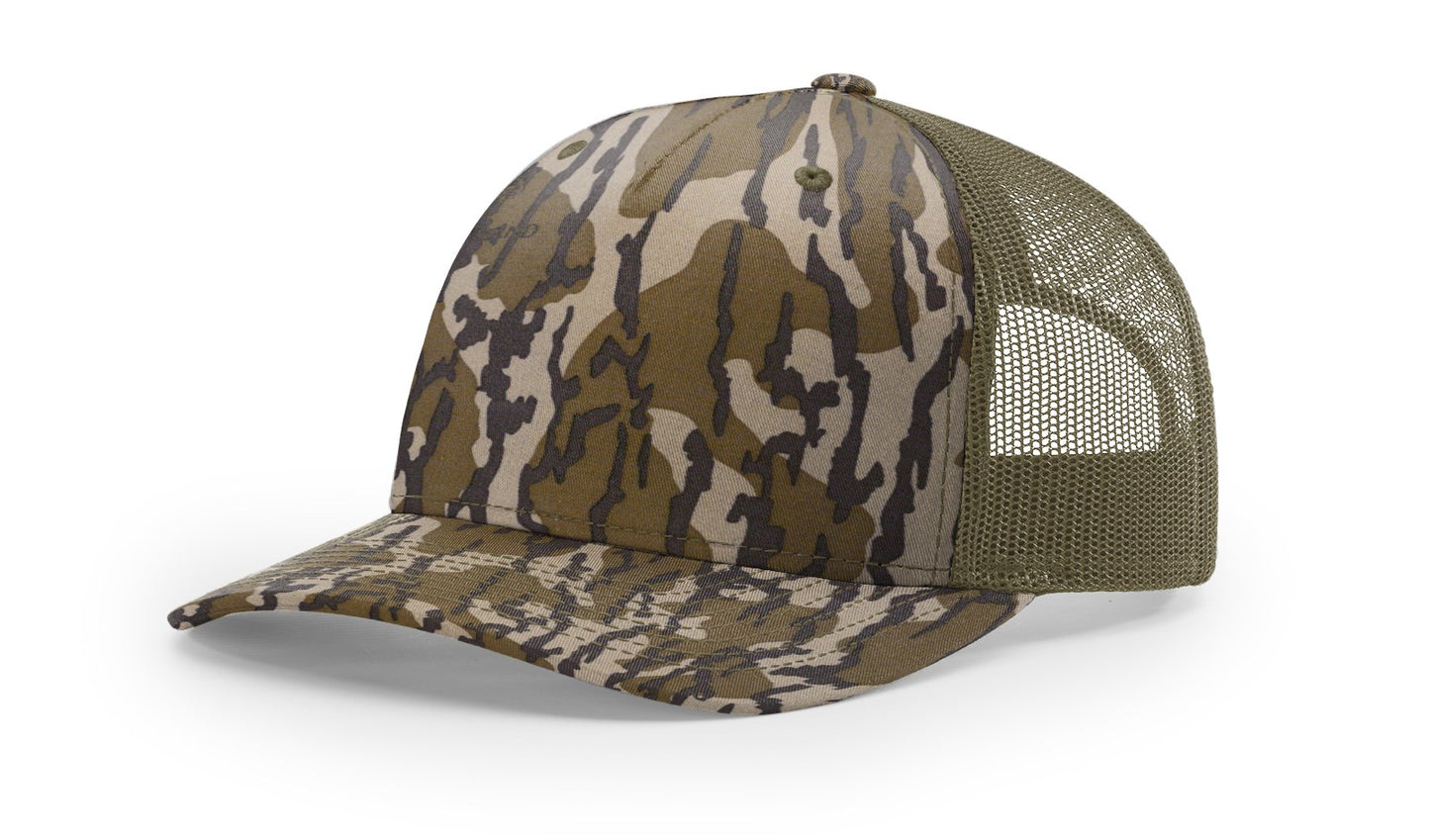 Camo Richardson 112 (5 Panel) Trucker with Custom Leather Patch